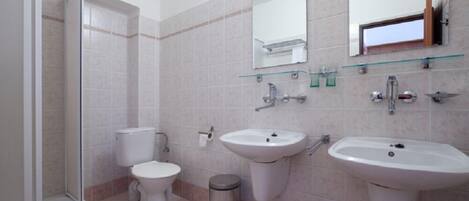 A modern bathroom with a glass shower enclosure, two sinks, a toilet, and a trash can.
