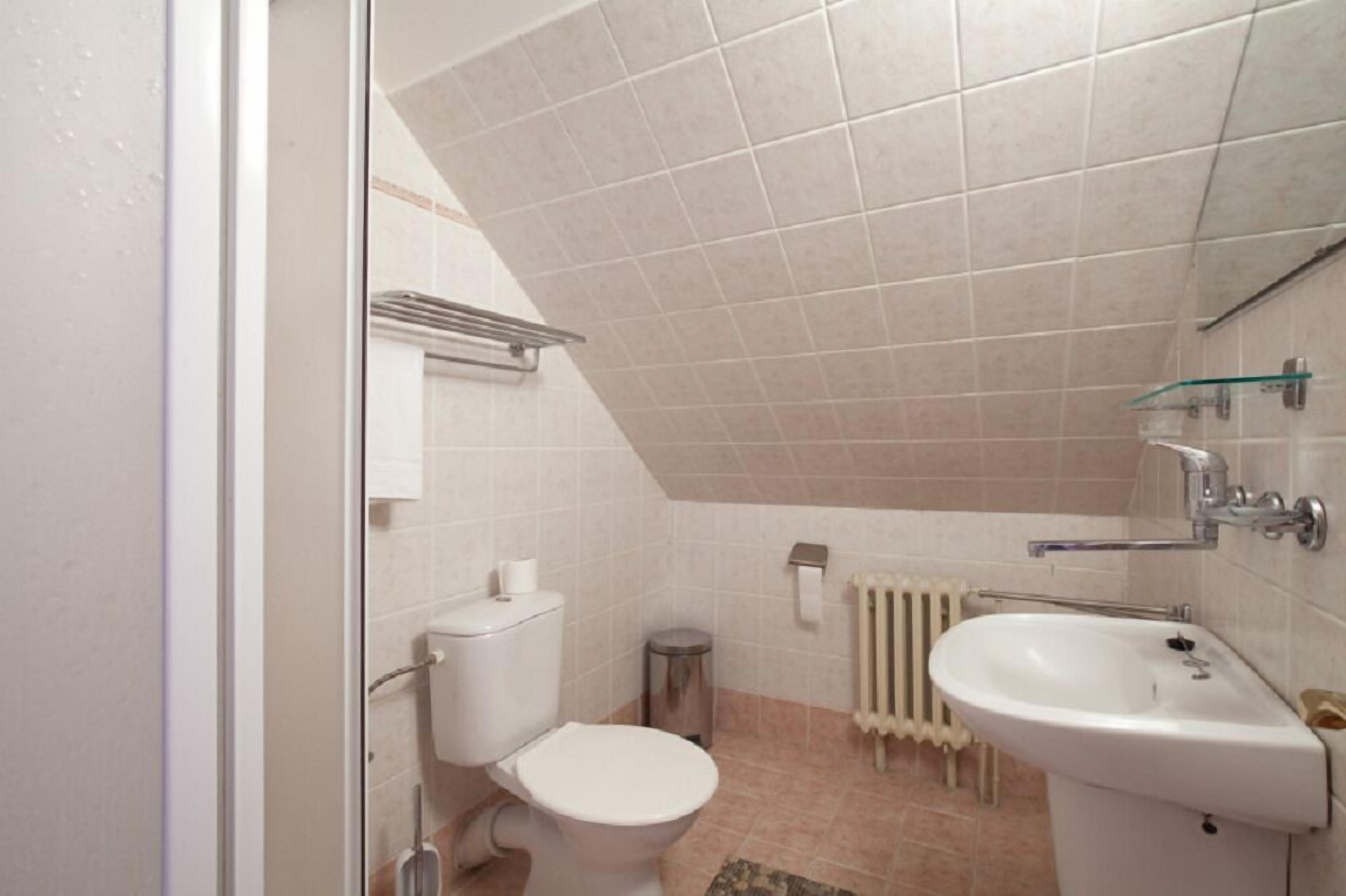 Een compacte, moderne badkamer met toilet, wastafel en een douchecabine met glazen wanden.