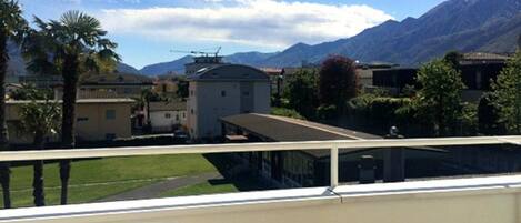 A residential area with houses, a helicopter, and mountains in the background.