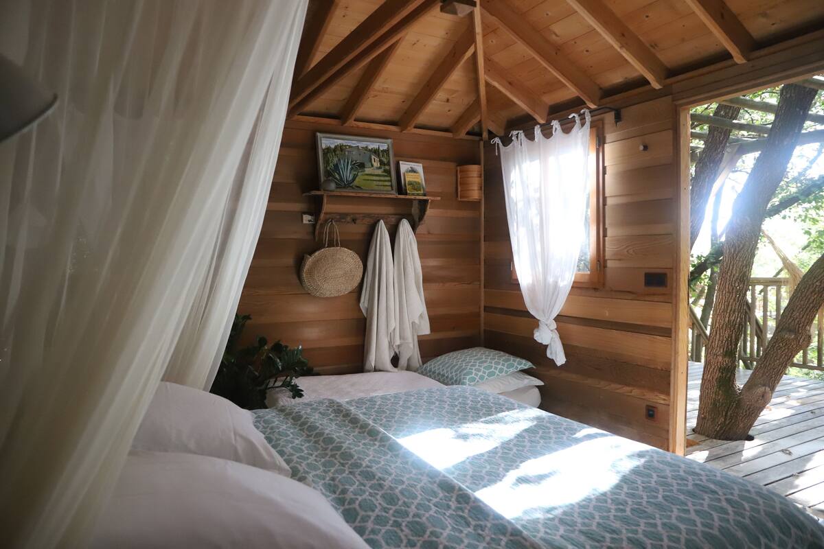 A wooden cabin bedroom with two beds, a shelf with framed pictures, and a window with curtains.