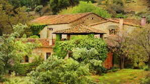 A stone house with a tiled roof, surrounded by lush greenery and trees. - Finca El Cabezo (Villamiel)