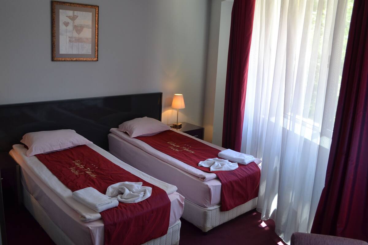 Ein Hotelzimmer mit zwei Betten, jeweils mit roter Bettdecke und weißen Kissen, einem Nachttisch mit Lampe sowie einem gerahmten Bild an der Wand.