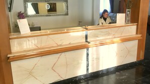 A reception desk with a marble top and wooden base, a large mirror above it, and a vase with plants to the right. - Hotel Internazionale (Gorizia)