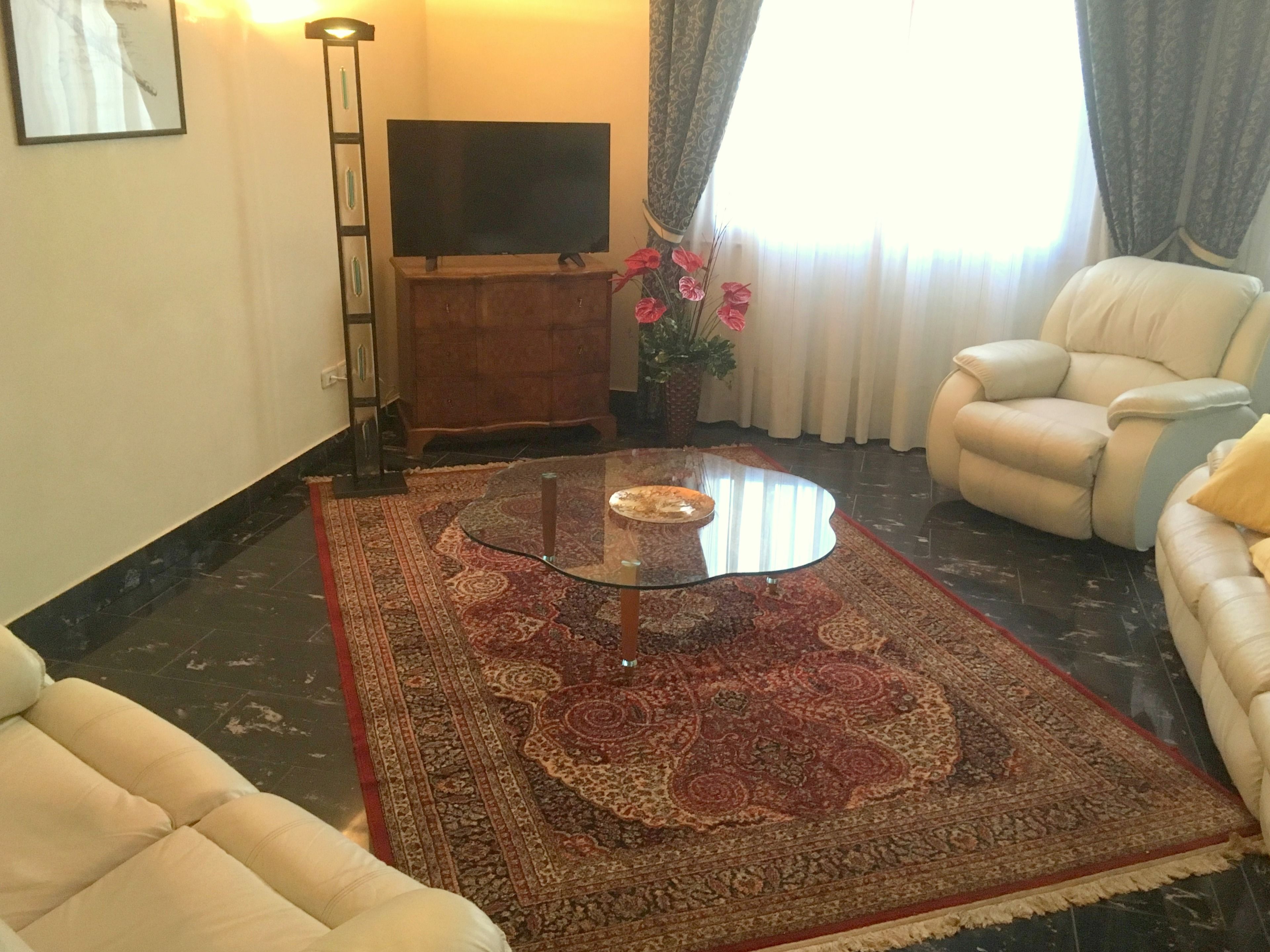 A living room with a sofa, a glass coffee table, a flat-screen TV on a wooden stand, a patterned rug, and a potted plant with pink flowers.