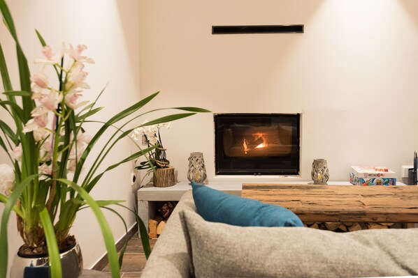 Una sala de estar acogedora con chimenea, un sofá, una mesa de centro y plantas decorativas.