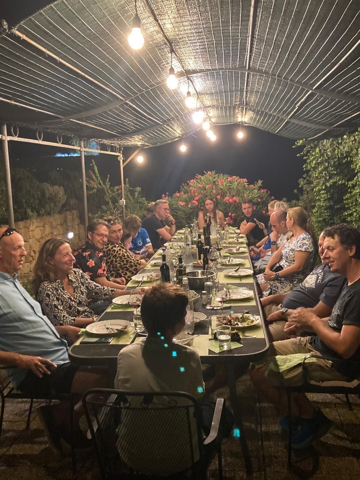 Un grupo de personas sentadas alrededor de una larga mesa al aire libre, con techo metálico y luces colgantes.