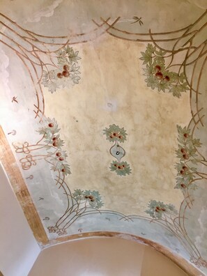 A ceiling with floral and vine patterns, a central emblem, and a partial view of a room corner. - Angioy 18 (Sassari)