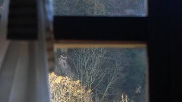 Castle views unfold from this window, surrounded by lush trees and a clock tower.