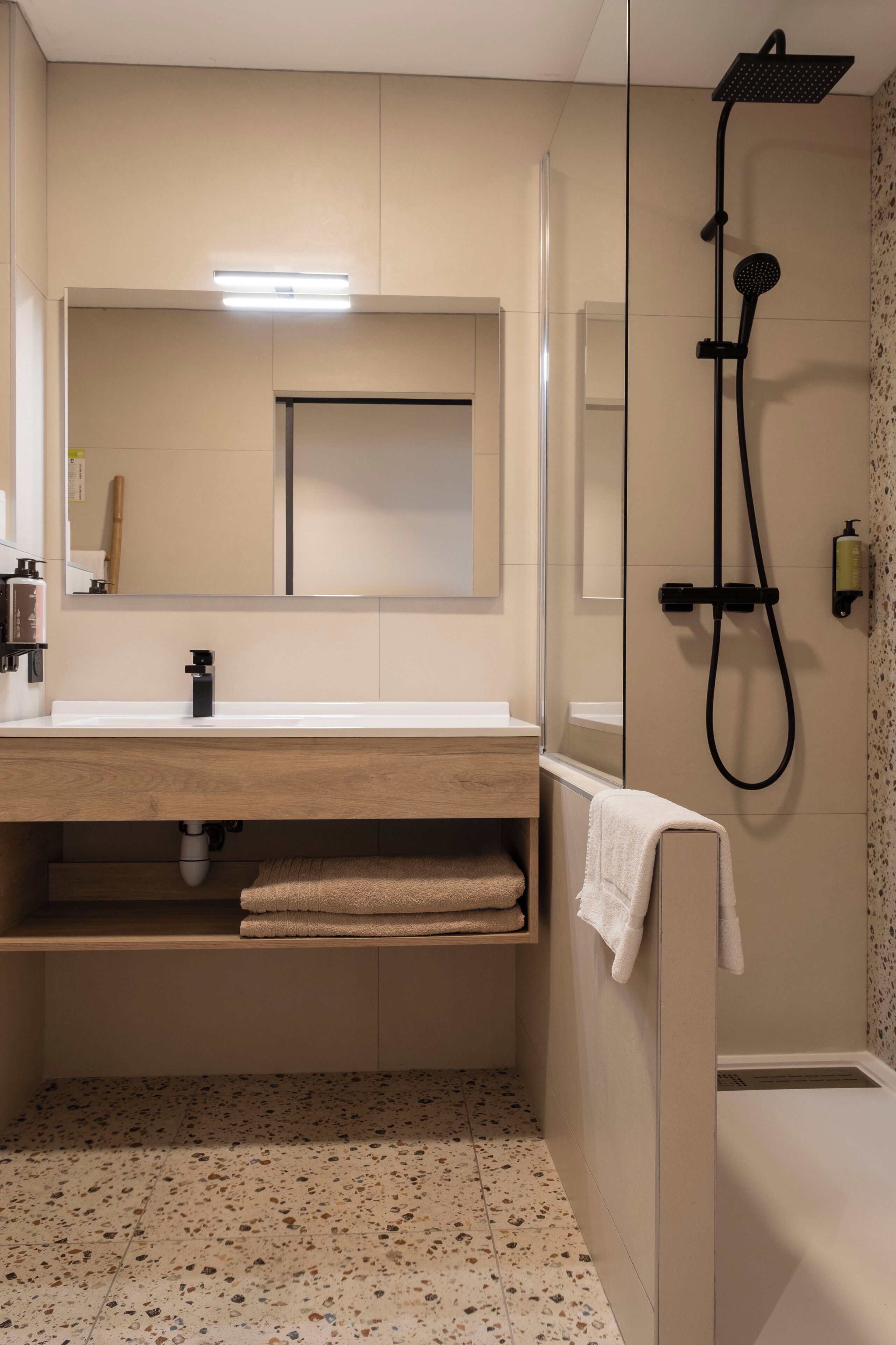 A modern bathroom with a shower, a sink, and a mirror.
