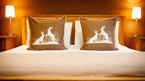 Un lit bien fait, agrémenté de deux coussins décoratifs ornés d’un motif représentant un lapin, et flanqué de deux lampes de chevet.
