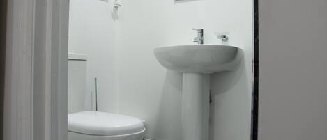 A bathroom with a white toilet and a pedestal sink.