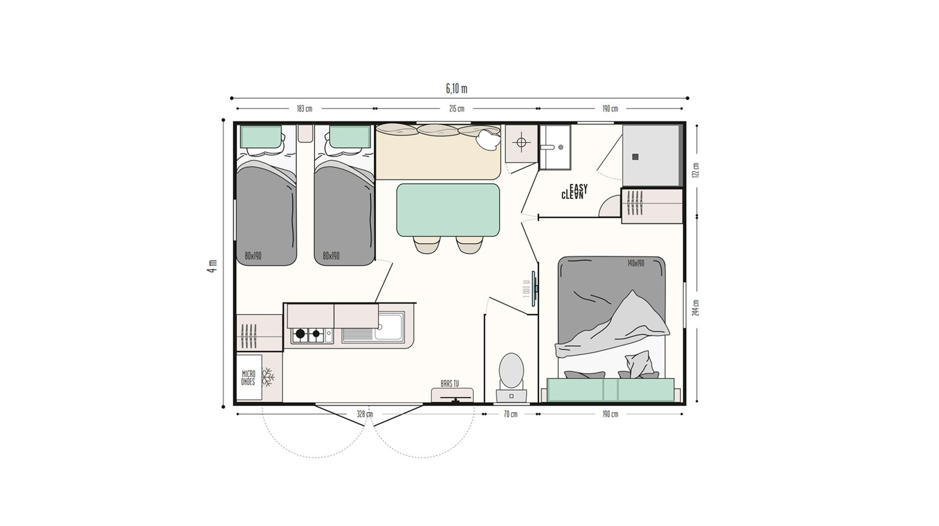 Un plan d’étage d’une chambre d’hôtel comprenant un lit, une salle de bain, un coin cuisine et un espace salon.