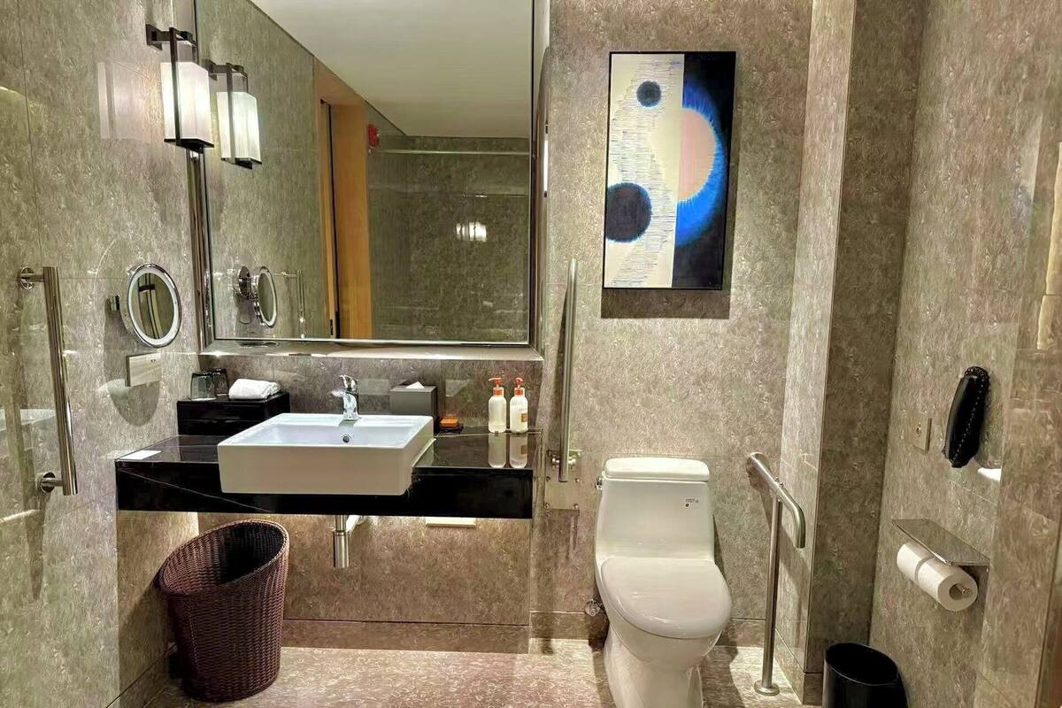 Une salle de bain moderne avec un grand lavabo, un miroir et des toilettes.