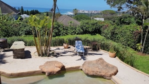 Un jardin avec une piscine, un fauteuil de relaxation et un barbecue.