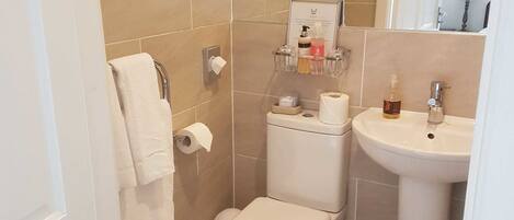 A small bathroom with a toilet, a sink, and a towel rack.