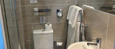 Un baño con inodoro, lavabo y zona de ducha.