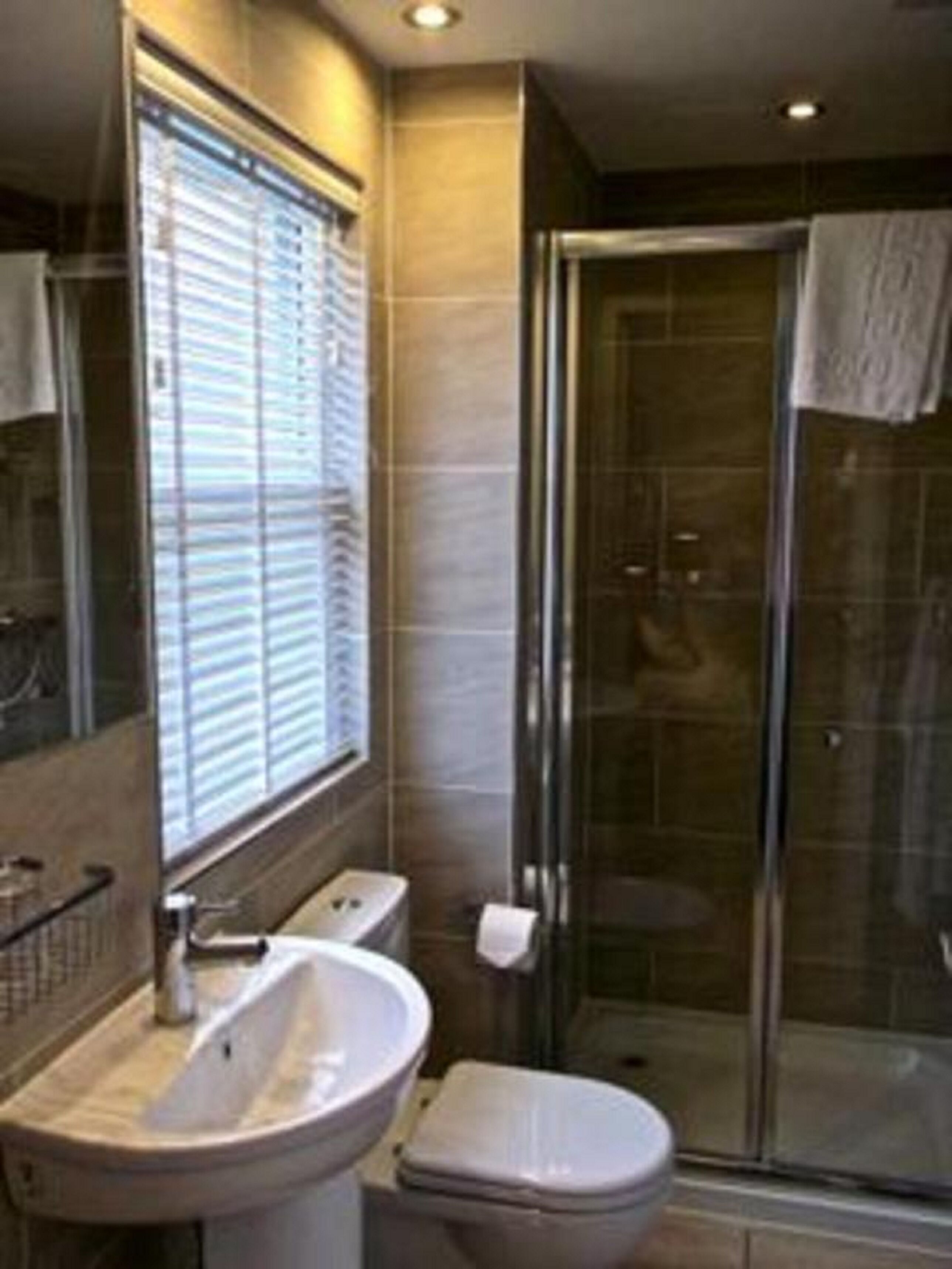 A modern bathroom with a glass shower enclosure, a sink, and a toilet.