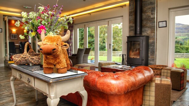 Un salón acogedor con un sofá de cuero, un peluche y un florero sobre una mesa.