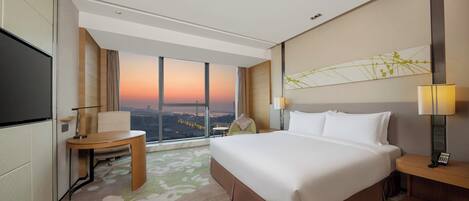 A hotel room with a large bed, a desk, a chair, a TV, and a city view.