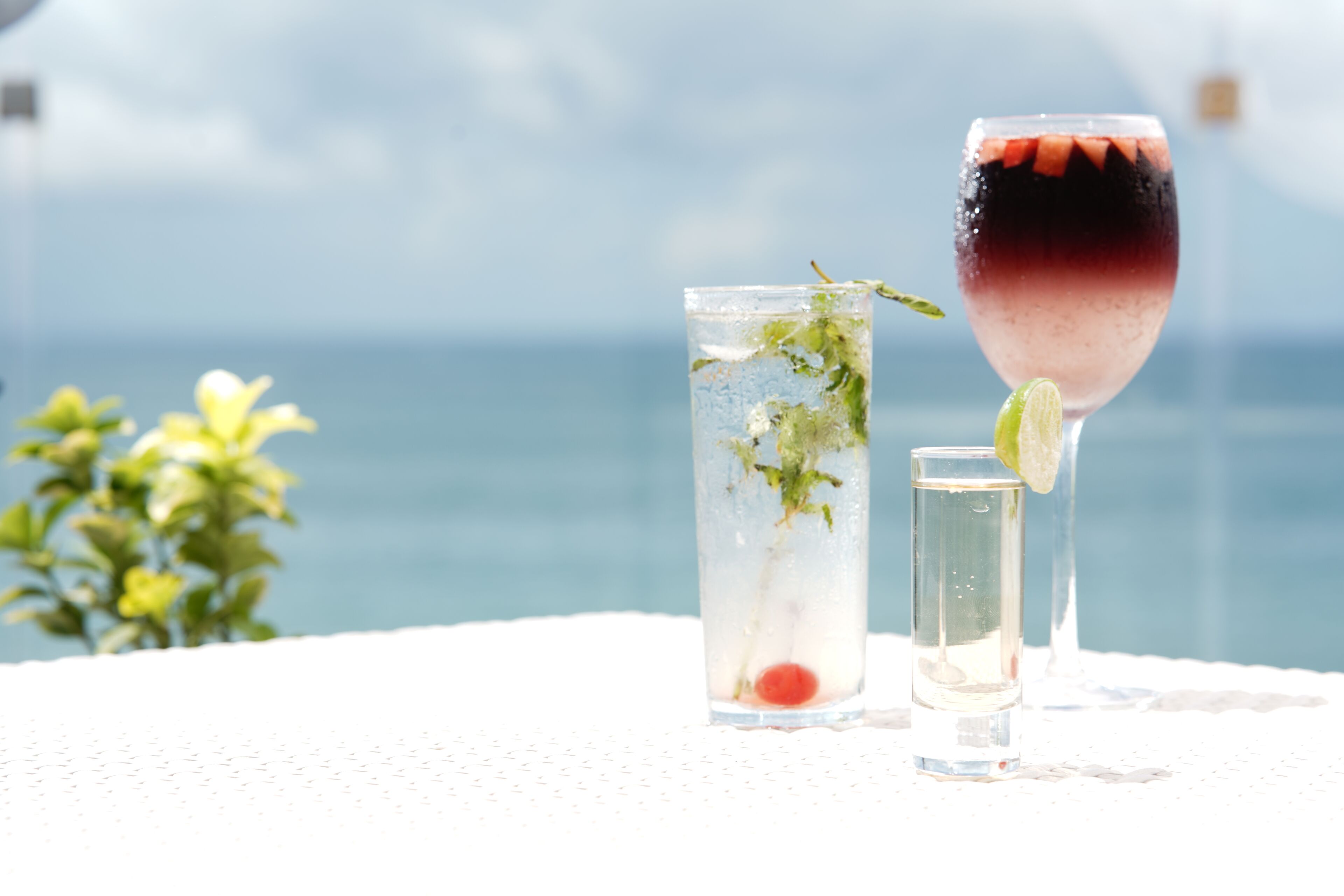 Trois verres de boissons sont posés sur une table, avec une vue sur la mer.