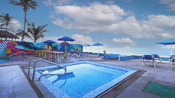 Outdoor pool, open 9:00 AM to 10:00 PM, pool umbrellas, sun loungers