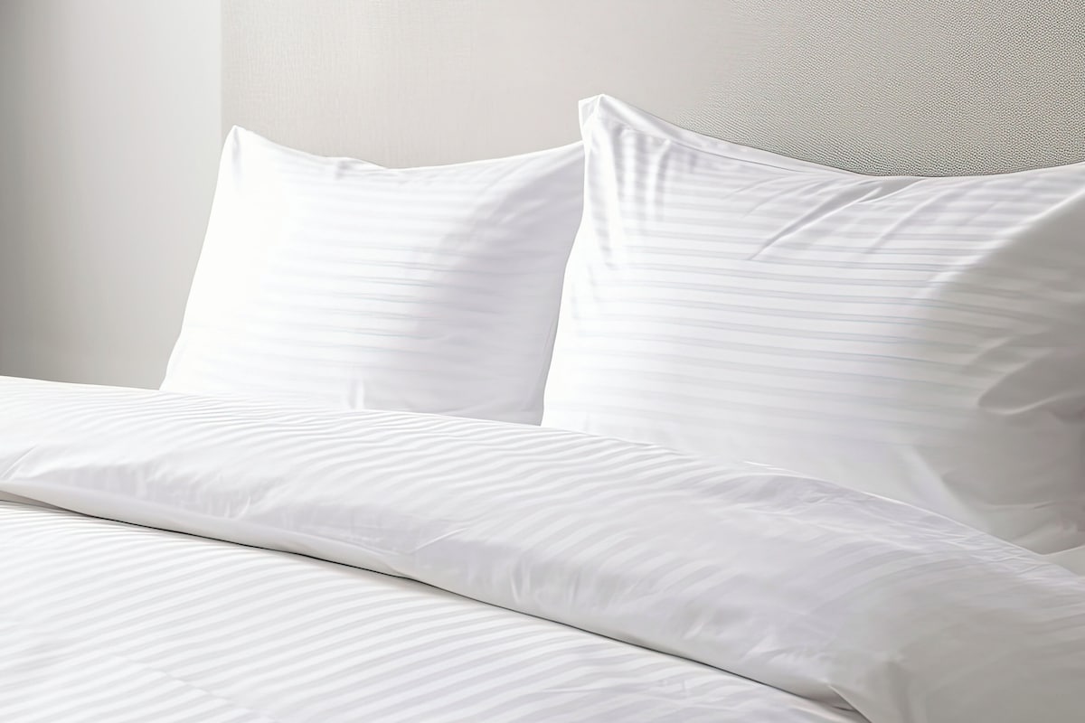 A neatly made bed with white linens and pillows.