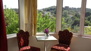 A room with two ornate chairs, a small table with a vase of flowers, and a view of a hilly landscape through large windows. - Artemis GreenHill (Spata-Artemida)