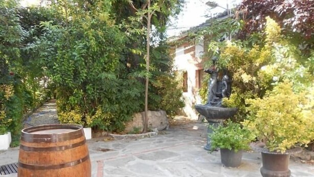 A stone pathway leading to a building with a statue and potted plants. - Hostal La Mesnadita (Olmedo)