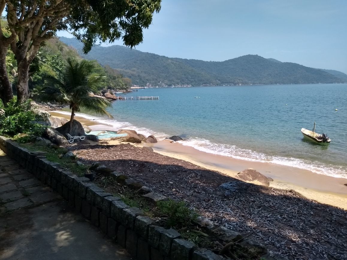 A beach with a wooden walkway, palm trees, and a boat in the water.