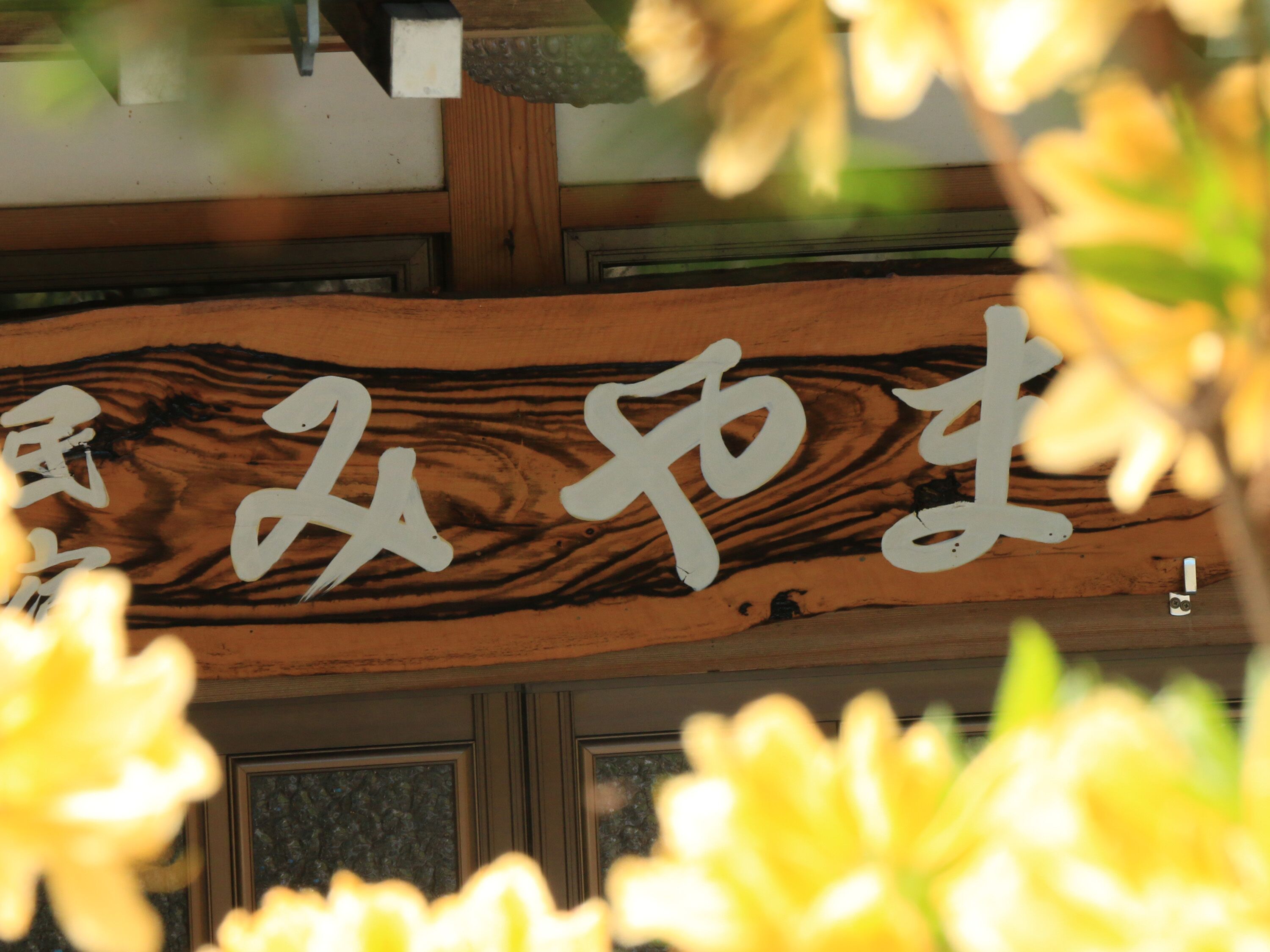 A wooden sign with white characters, partially obscured by yellow flowers.