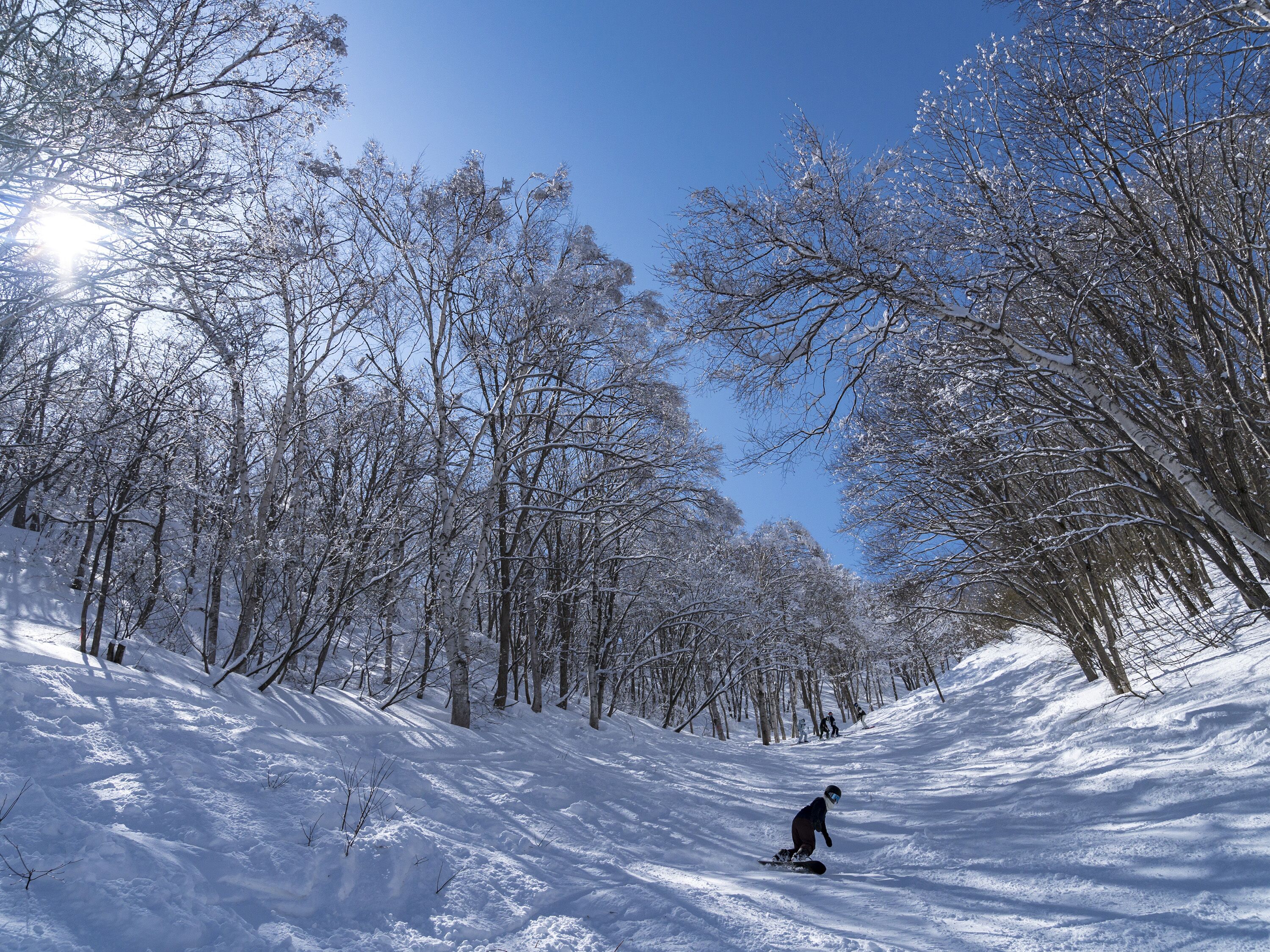 A snowy landscape with a snowboarder.