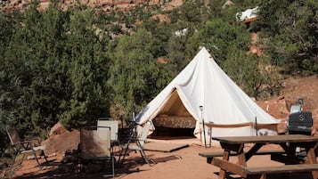 Deluxe Tent, 2 Queen Beds, Mountain View, Mountainside | Premium bedding, down comforters, individually furnished, free WiFi