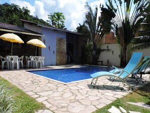 Outdoor pool, pool umbrellas, pool loungers