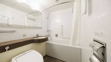 Combined shower/tub, deep soaking tub, hair dryer, slippers