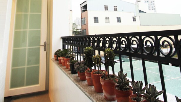 A balcony with potted plants, a door, and a view of buildings in the background.