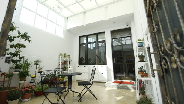 A bright, open-plan living area with a high ceiling and large windows, featuring a dining table and chairs, surrounded by potted plants.