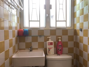 Shower, free toiletries, slippers, towels