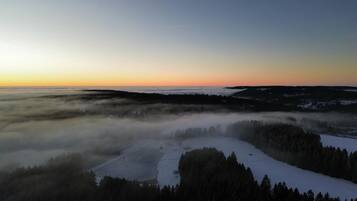 A panoramic view of a snowy landscape with a forested area and a clear sky at dawn or dusk.