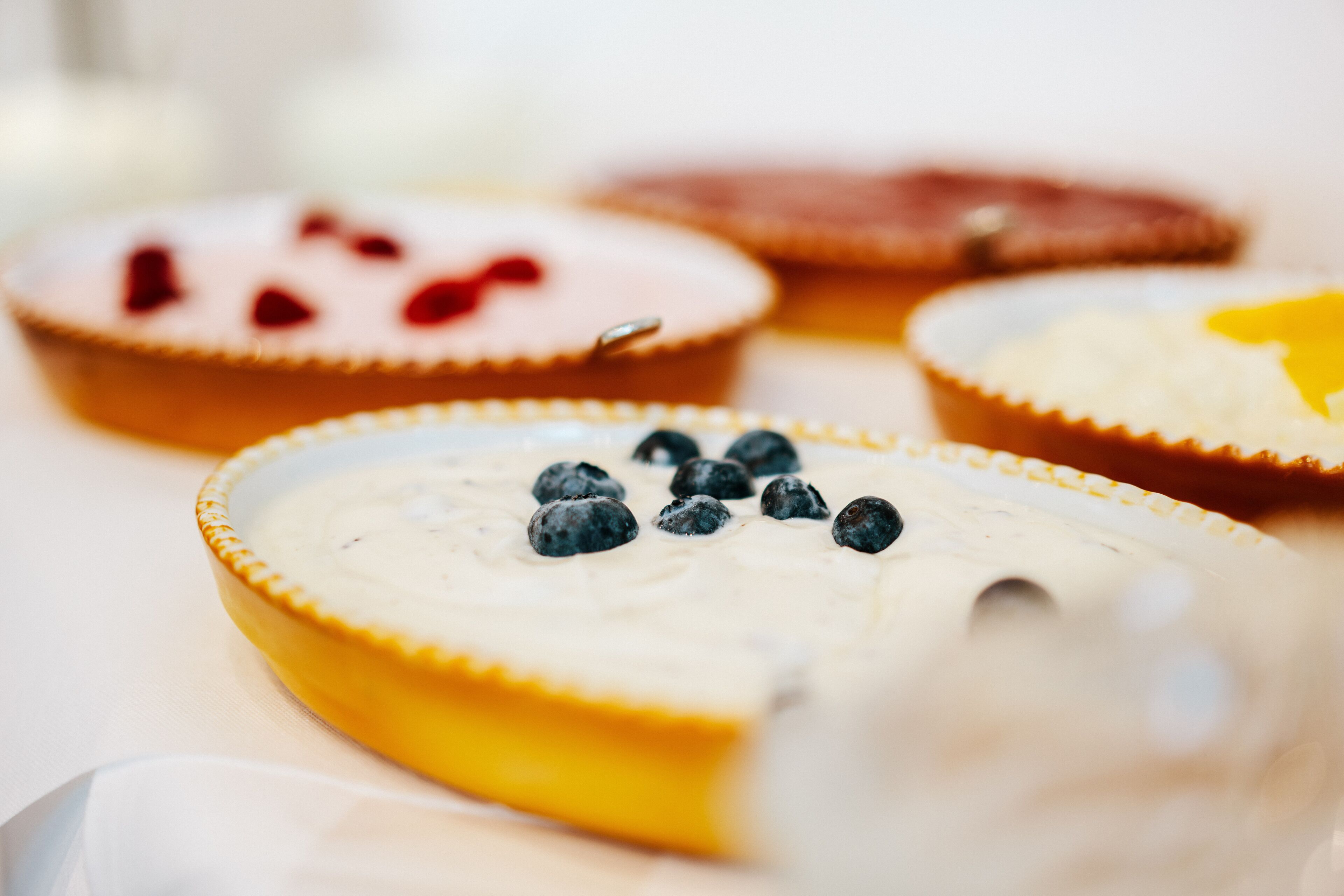 Primer plano de un plato de postre con una cobertura cremosa blanca y arándanos.