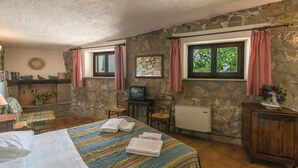 A rustic room with a bed, a television, a radiator, and stone walls. - Amazing apartment in Magione -PG- with WiFi (Magione -PG-)