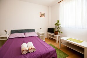 A neatly arranged bedroom with a purple bedspread, two rolled towels, a television, a plant, and a green rug.