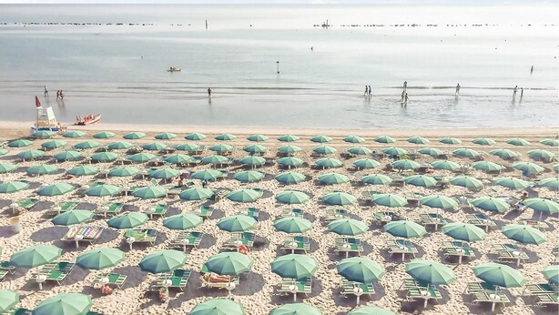 Une plage avec de nombreux parasols verts et des chaises longues disposées en rangées.