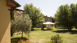 A courtyard with a stone building, a pergola with a white umbrella, and a small tree. - Agriturismo il giardino degli ulivi (Cortona)