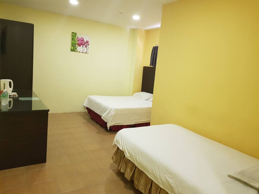 Habitación de hotel con dos camas individuales, un escritorio con silla, un espejo y un cuadro en la pared.