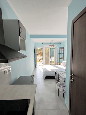 A compact room with a kitchenette, a bed, and a door leading to an outdoor area. - Zinovia (Chania)