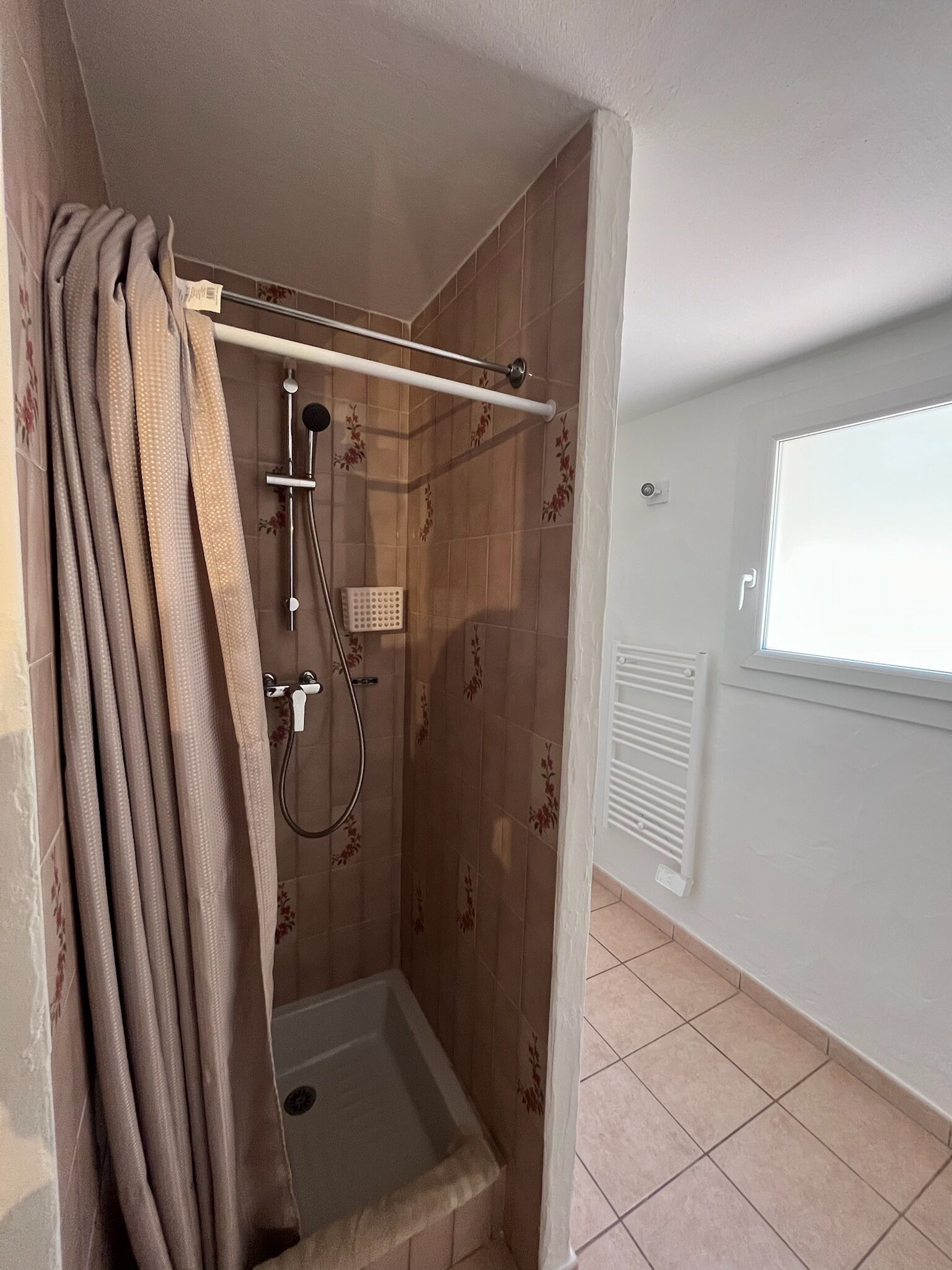 A small, enclosed shower area with a showerhead, handheld shower, and a small basin.