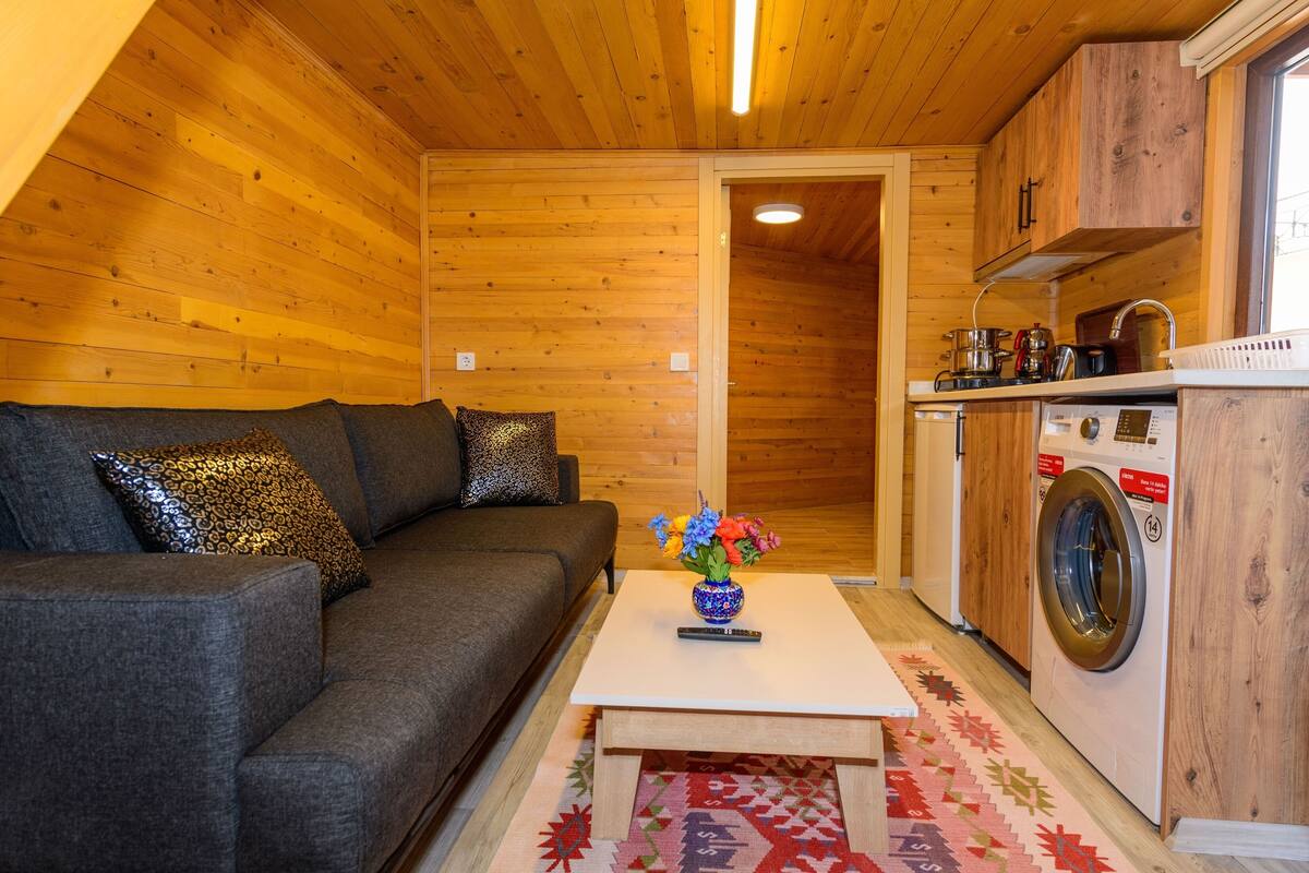 A cozy room with a sofa, a coffee table with a vase of flowers, and a washing machine.