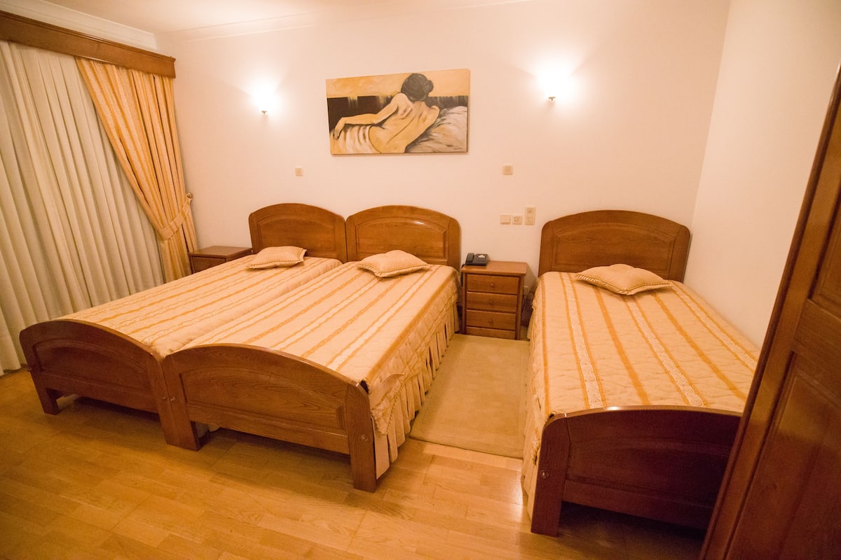 Un dormitorio con dos camas de madera, una mesita de noche y un cuadro en la pared.