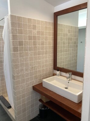 Shower, hair dryer, towels