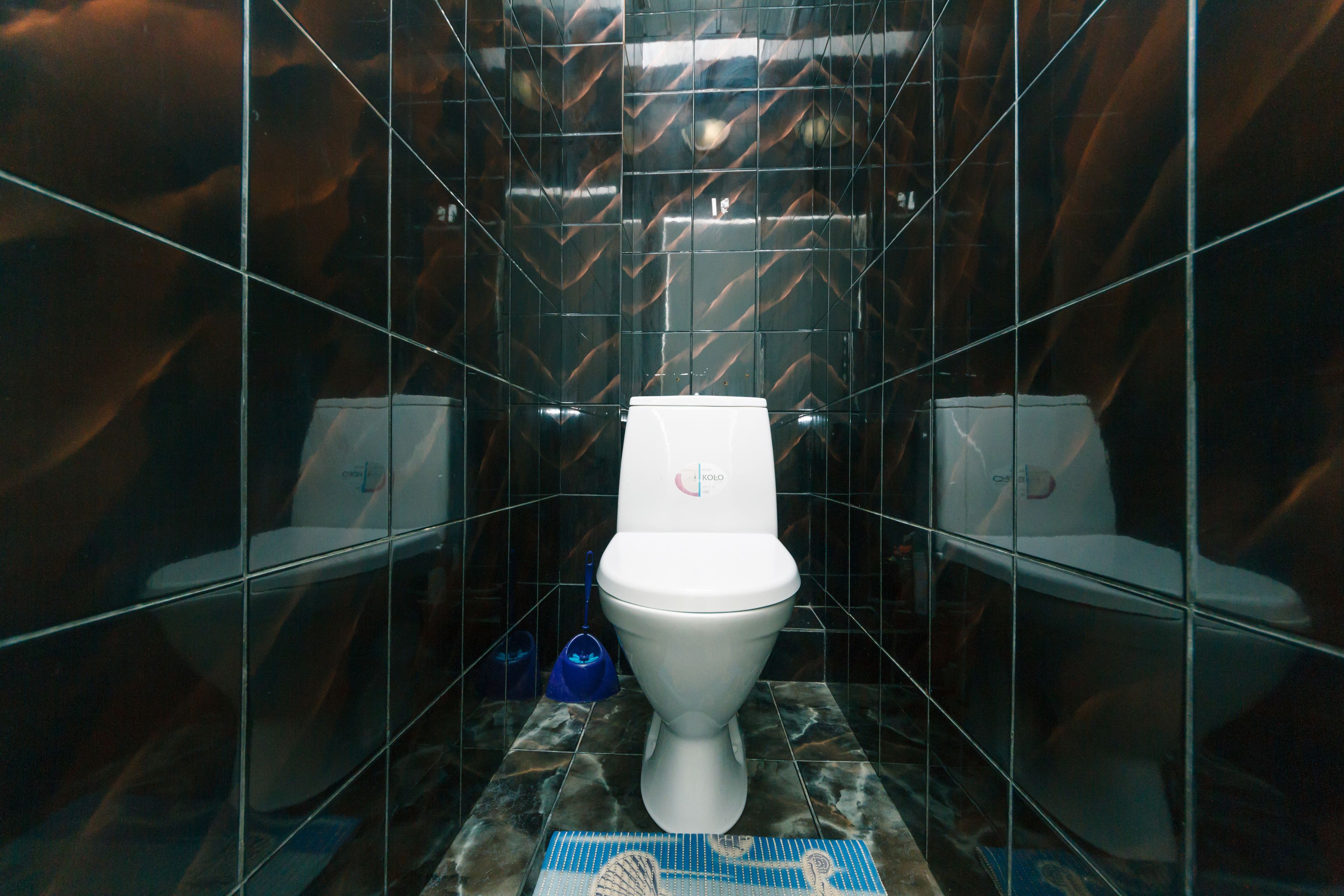 A bathroom with a white toilet, a blue cleaning bucket, and a patterned floor mat.